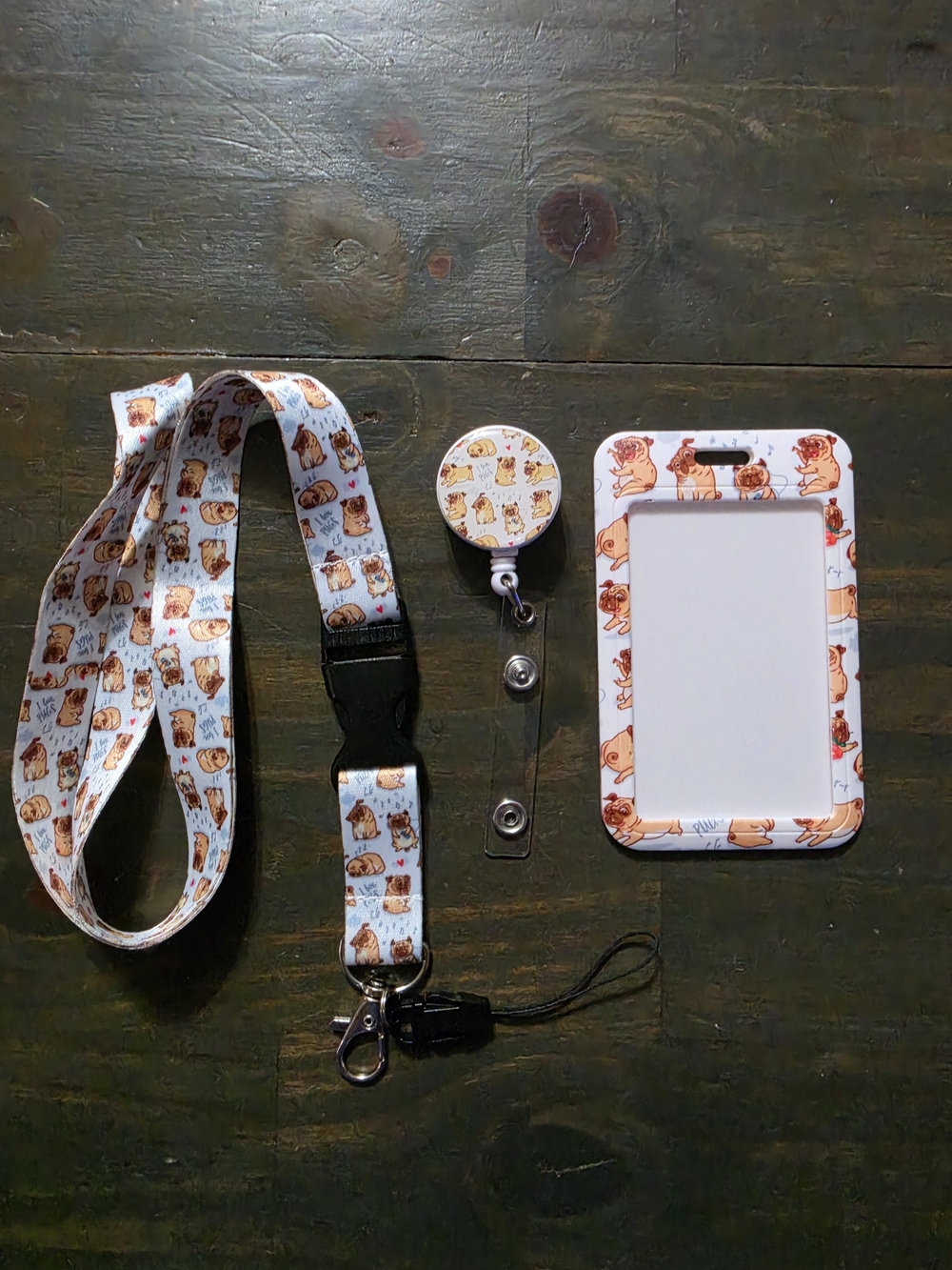 Cute Pug Pattern White Badge Reel Lanyard and ID Holder Set